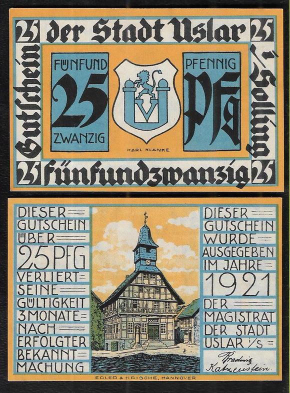 25 Pfennig, Uslar - Weimar Germany, 1921